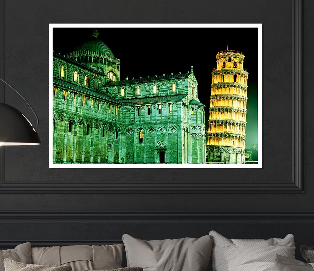 Leaning Tower Of Pisa Green Hue Print Poster Wall Art