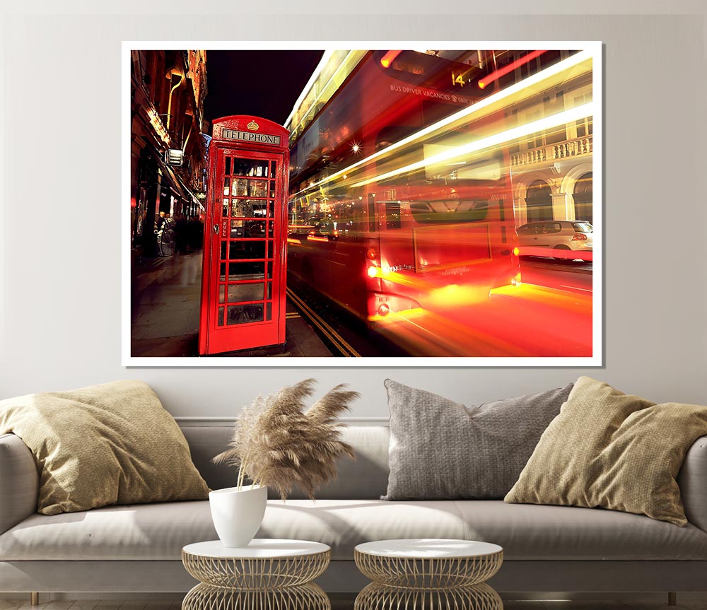 London Red Night Bus Blur Print Poster Wall Art