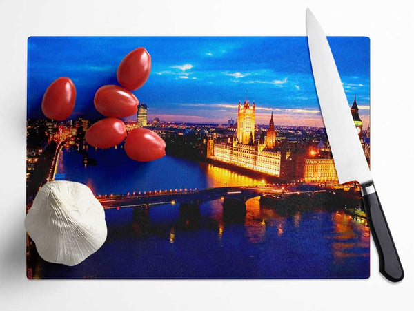 London Ariel View Night Blues Glass Chopping Board