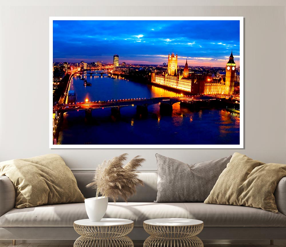 London Ariel View Night Blues Print Poster Wall Art