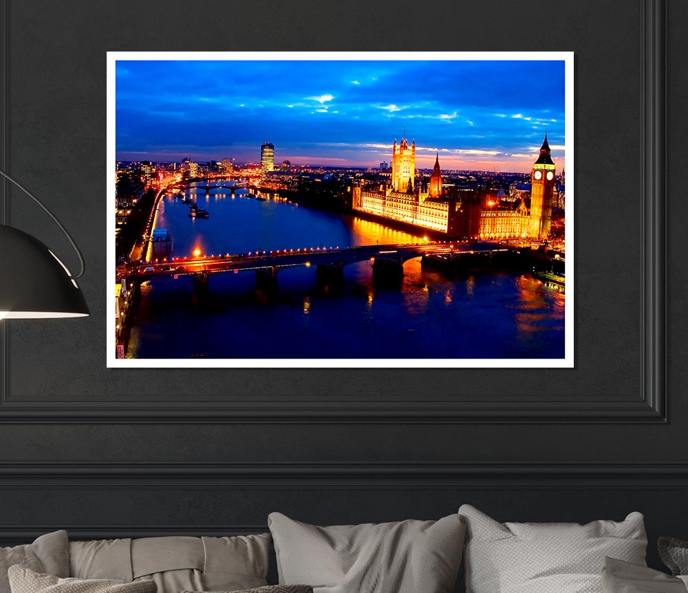 London Ariel View Night Blues Print Poster Wall Art