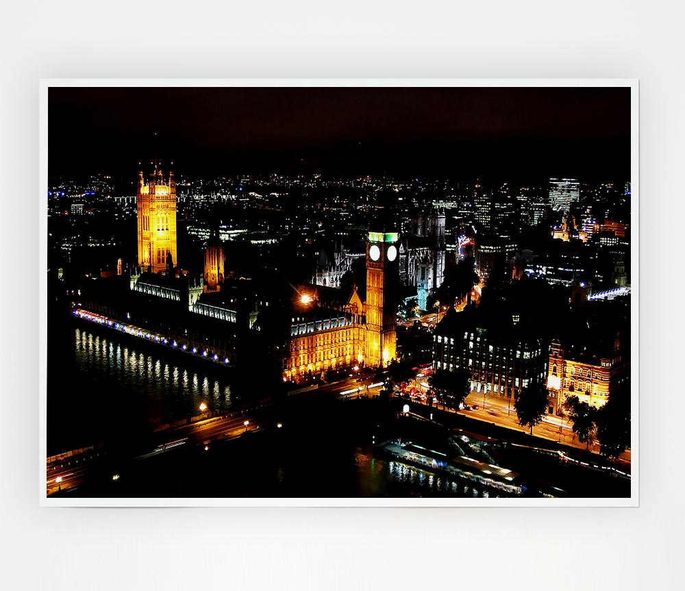 London Ariel View Night Lights Print Poster Wall Art