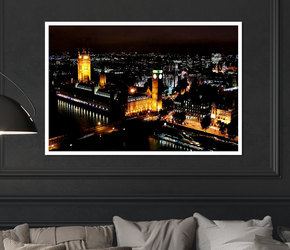 London Ariel View Night Lights Print Poster Wall Art