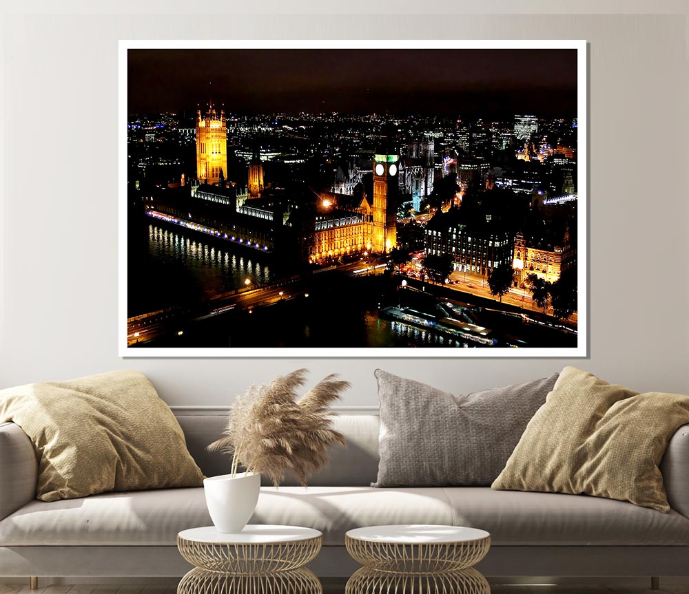 London Ariel View Night Lights Print Poster Wall Art