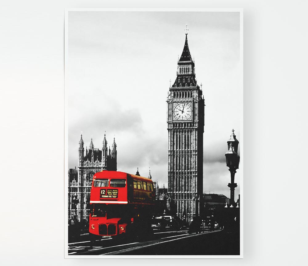 London Big Ben Red Bus B N W Print Poster Wall Art