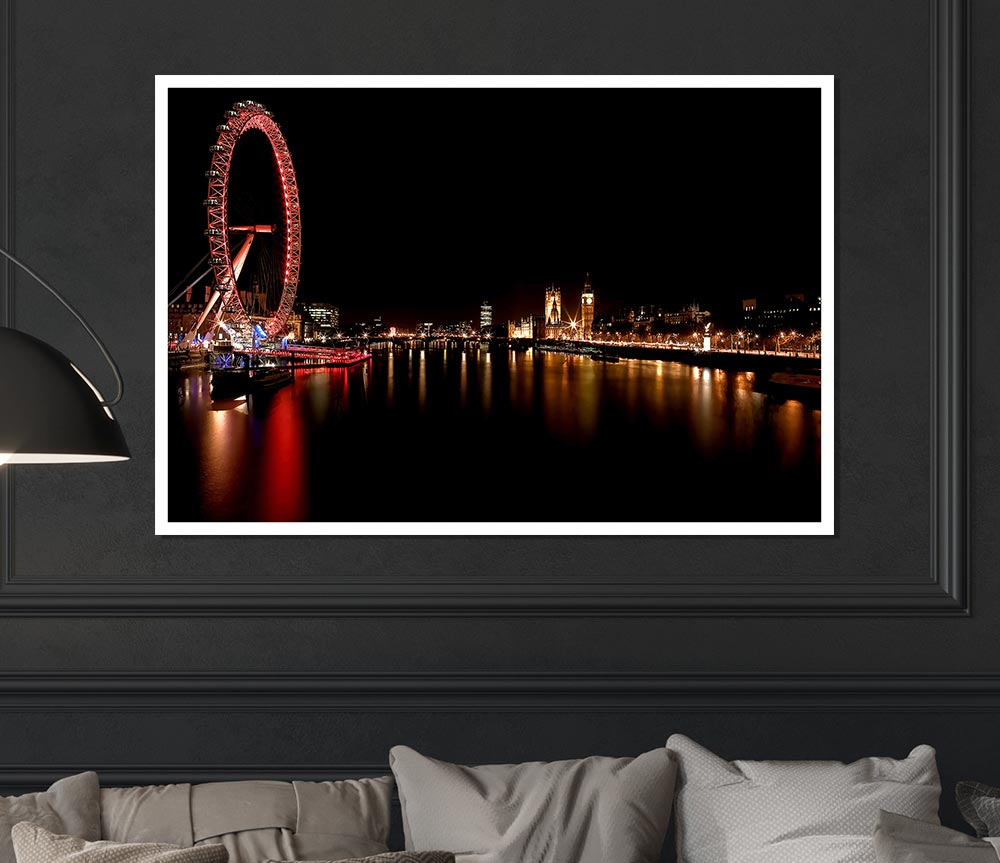 London Eye Red Water Reflections Print Poster Wall Art