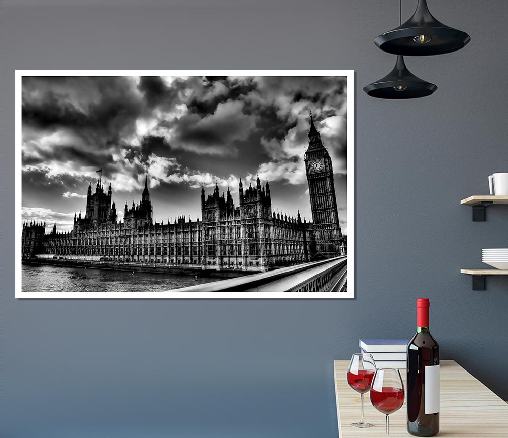 London Houses Of Parliament B N W Storm Clouds Print Poster Wall Art