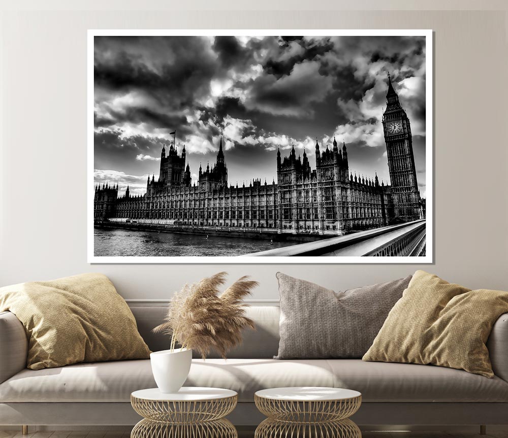 London Houses Of Parliament B N W Storm Clouds Print Poster Wall Art