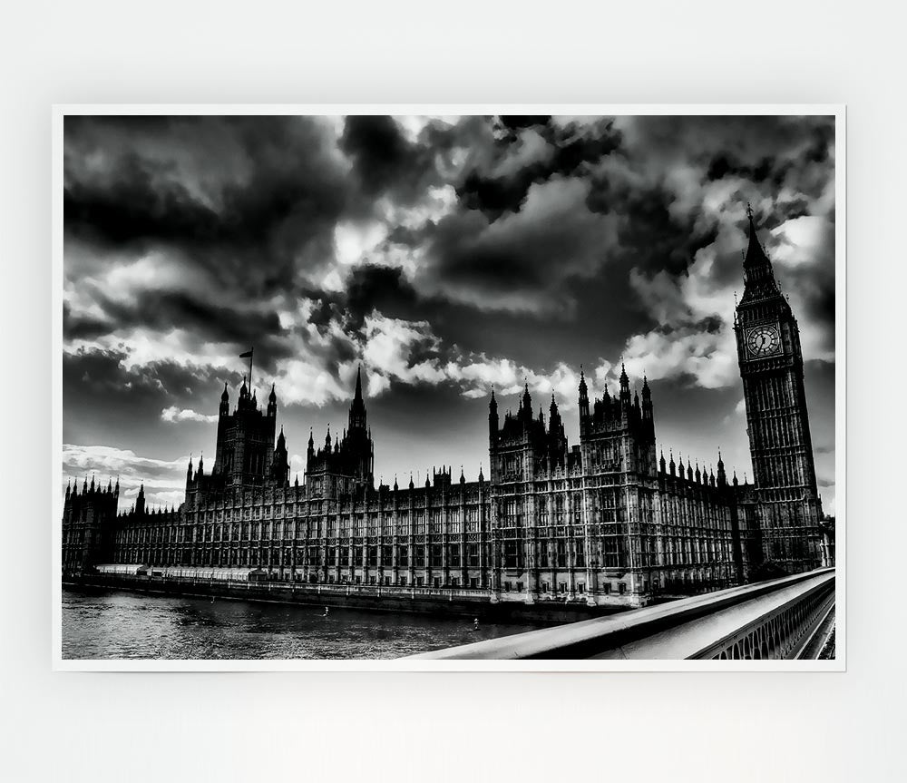 London Houses Of Parliament B N W Storm Clouds Print Poster Wall Art