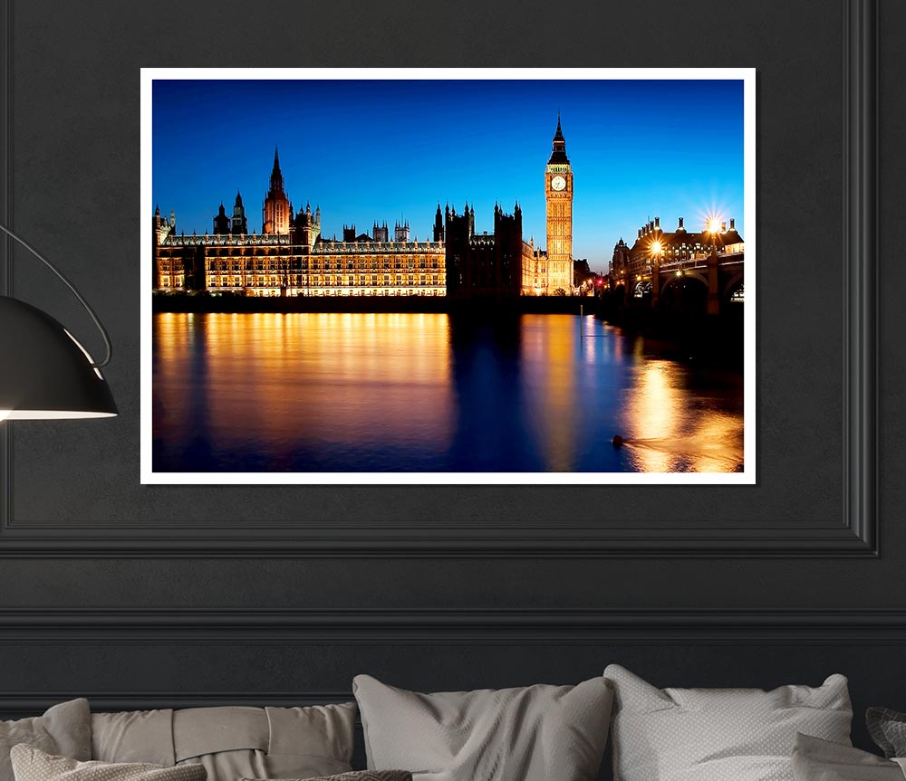 London Houses Of Parliament Night Reflections Print Poster Wall Art