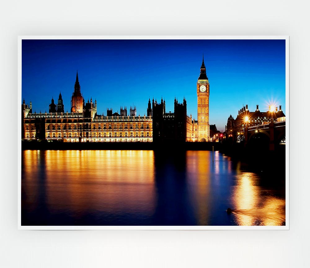 London Houses Of Parliament Night Reflections Print Poster Wall Art