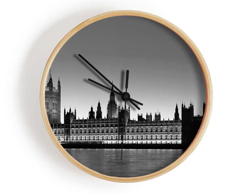 London Houses Of Parliament On The Thames B n W Clock - Wallart-Direct UK