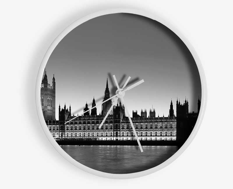 London Houses Of Parliament On The Thames B n W Clock - Wallart-Direct UK