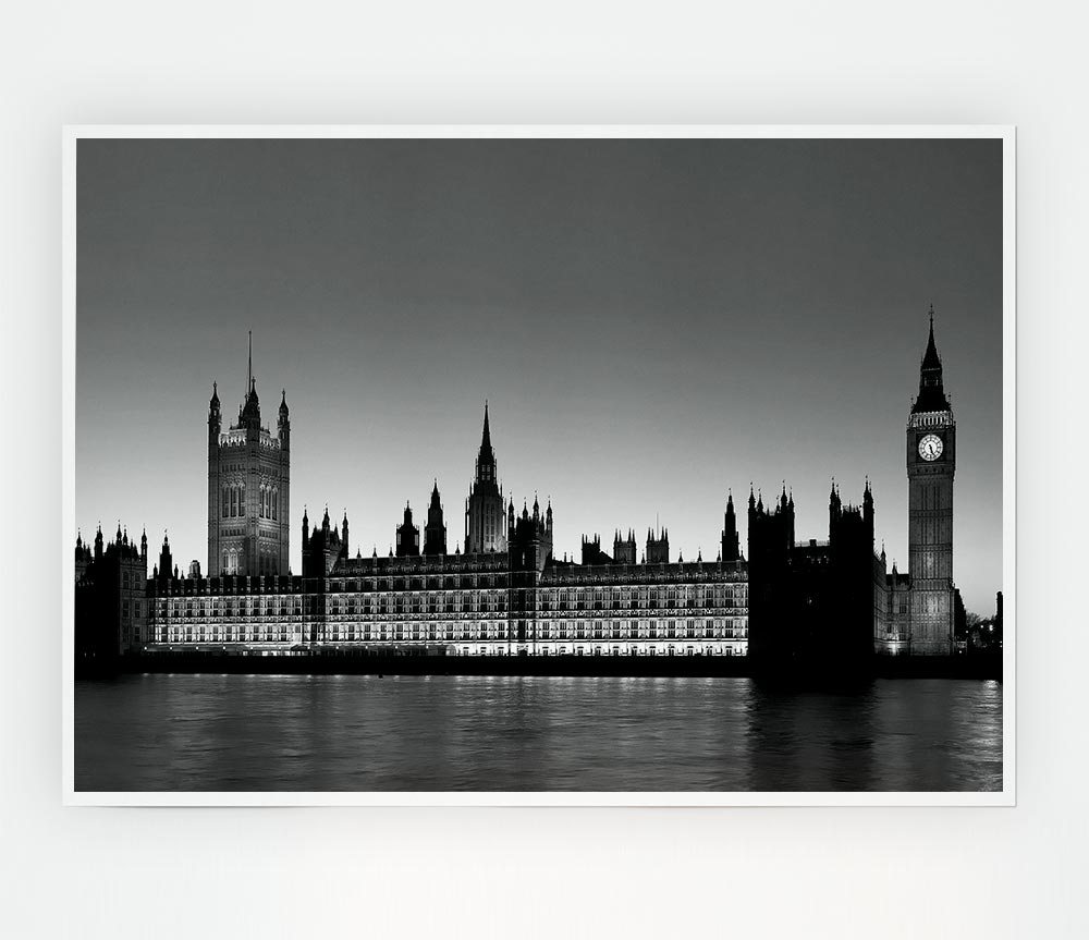 London Houses Of Parliament On The Thames B N W Print Poster Wall Art