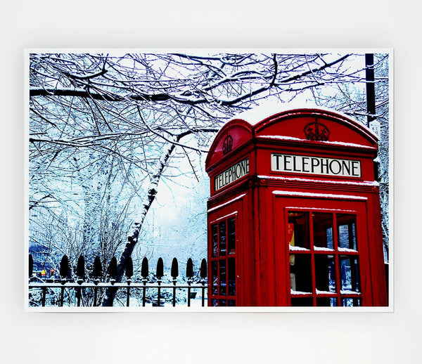 London Telephone Box In The Snow Print Poster Wall Art