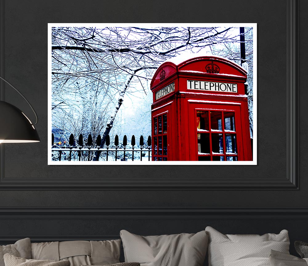 London Telephone Box In The Snow Print Poster Wall Art