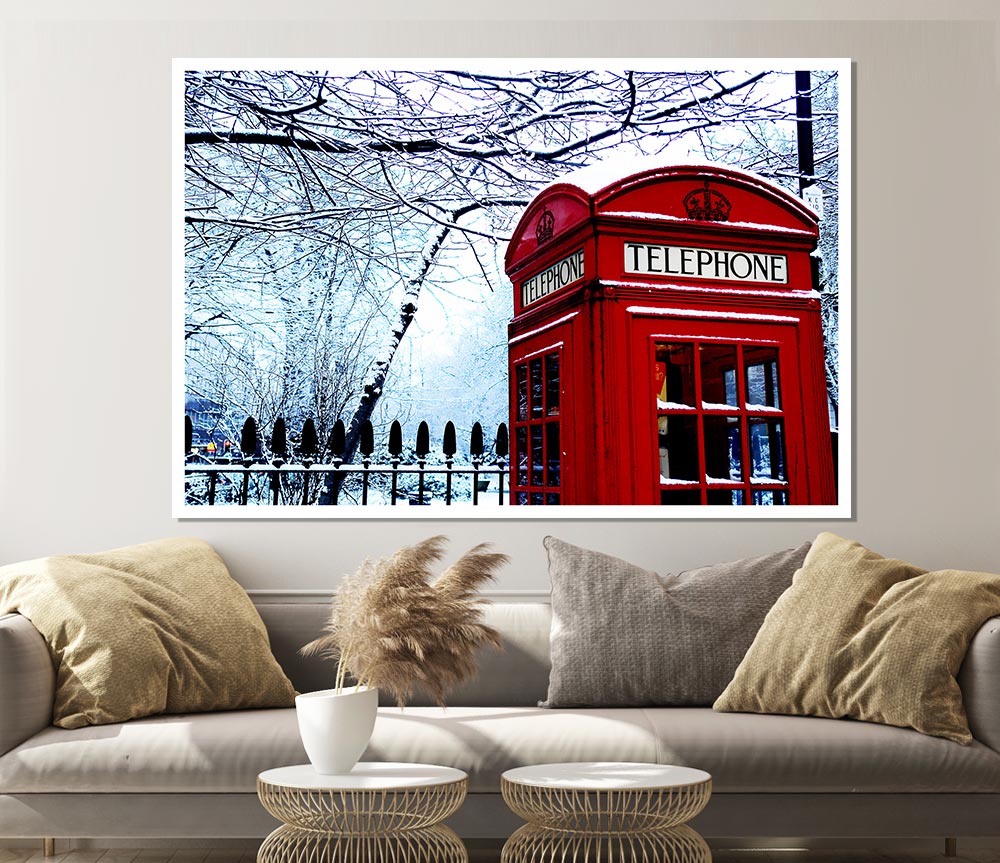 London Telephone Box In The Snow Print Poster Wall Art