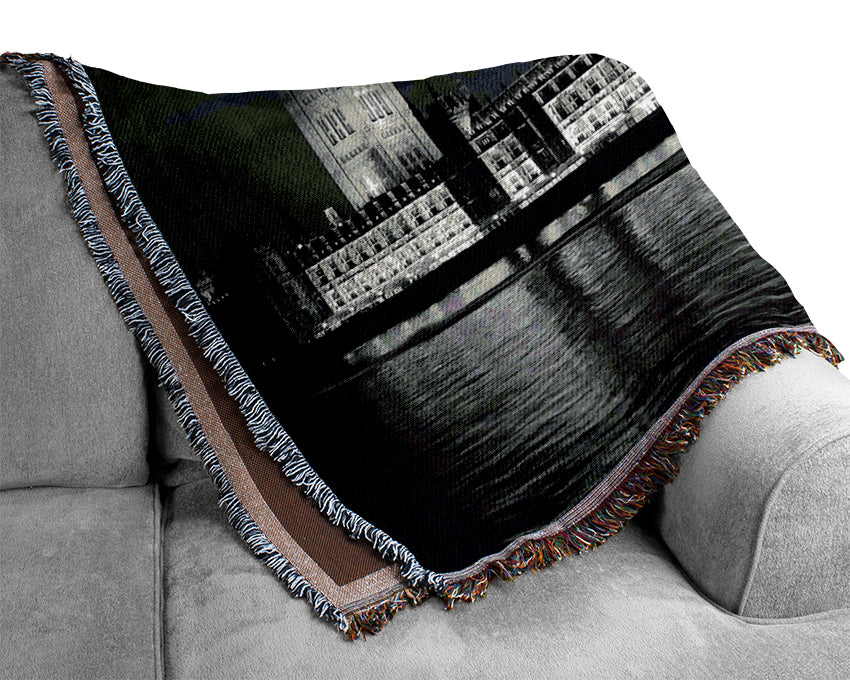 London Thames Houses Of Parliament B n W Night Woven Blanket