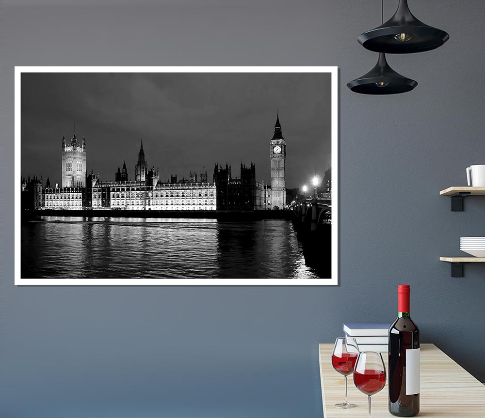 London Thames Houses Of Parliament B N W Night Print Poster Wall Art