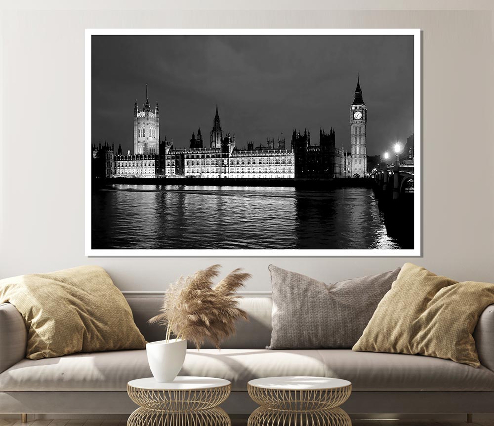 London Thames Houses Of Parliament B N W Night Print Poster Wall Art