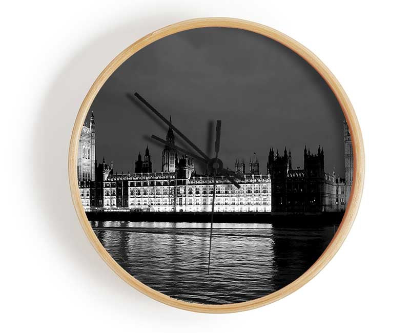 London Thames Houses Of Parliament B n W Night Clock - Wallart-Direct UK