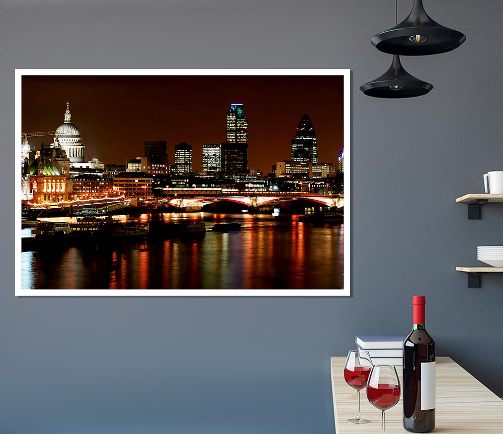 London Thames Night Lights Print Poster Wall Art