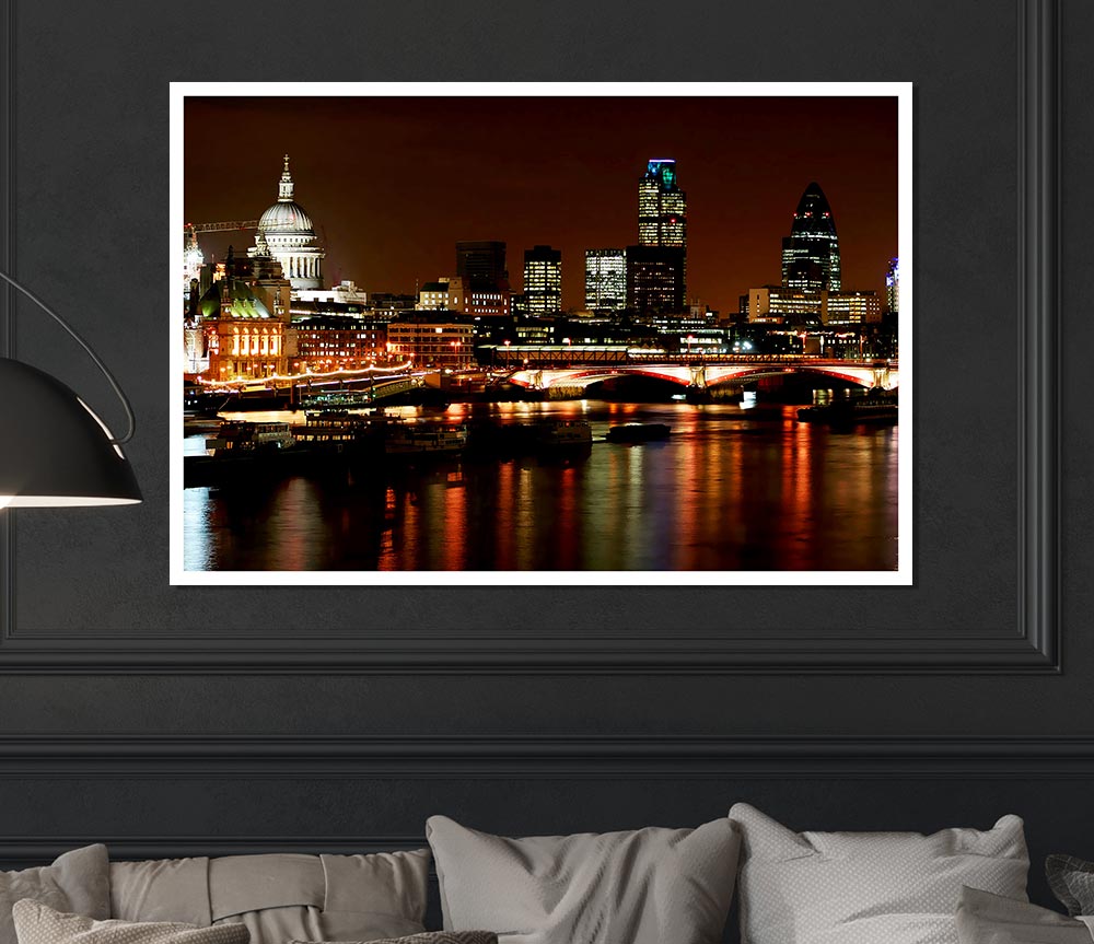 London Thames Night Lights Print Poster Wall Art