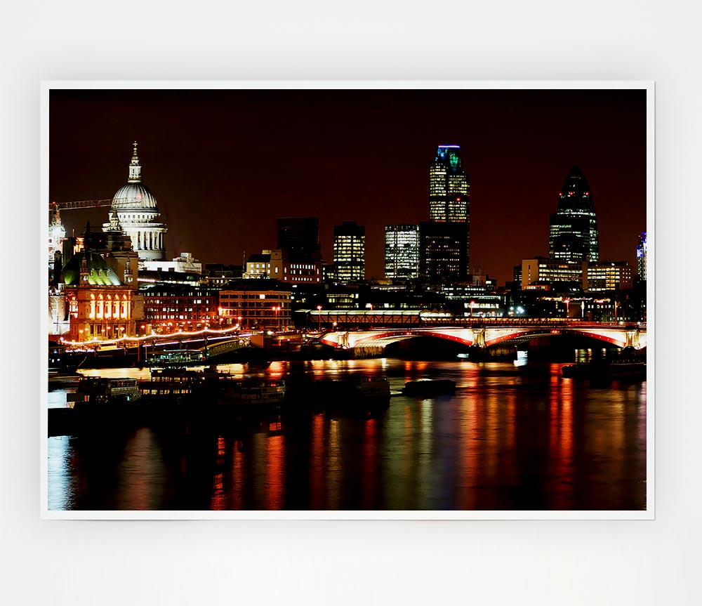 London Thames Night Lights Print Poster Wall Art