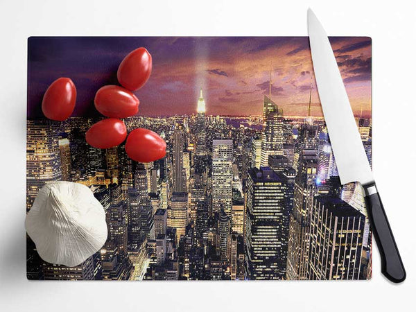 Manhattan Aerial View At Night Glass Chopping Board