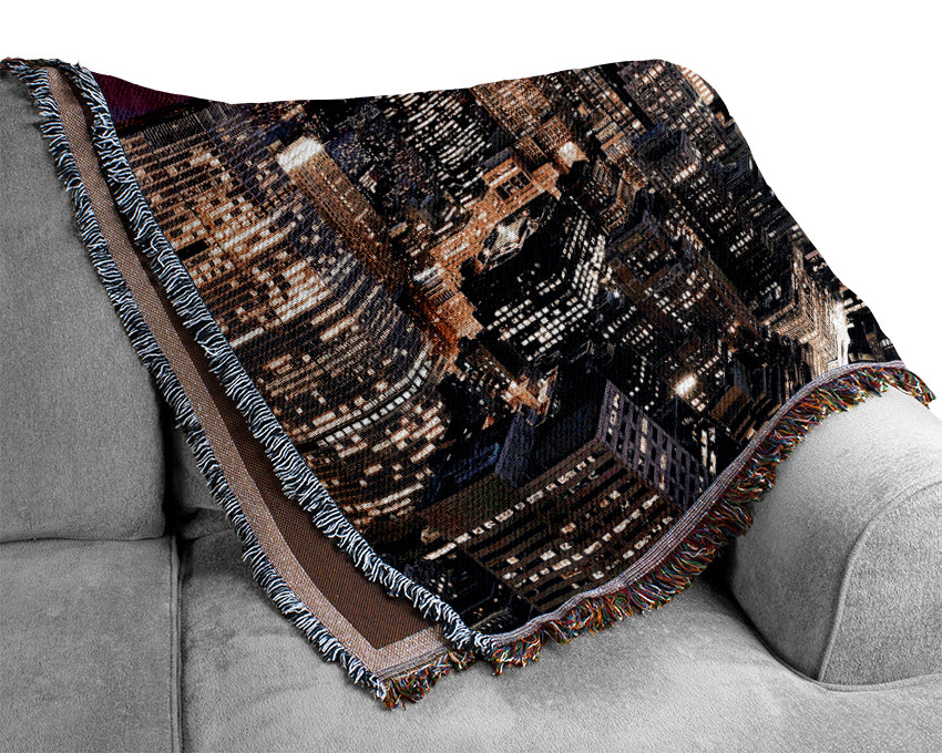 Manhattan Aerial View At Night Woven Blanket