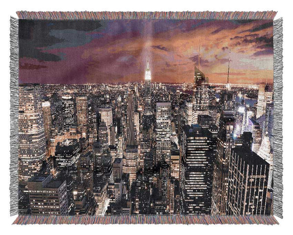 Manhattan Aerial View At Night Woven Blanket