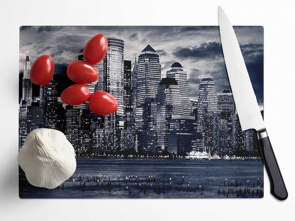 Manhattan Panorama In Blue Glass Chopping Board