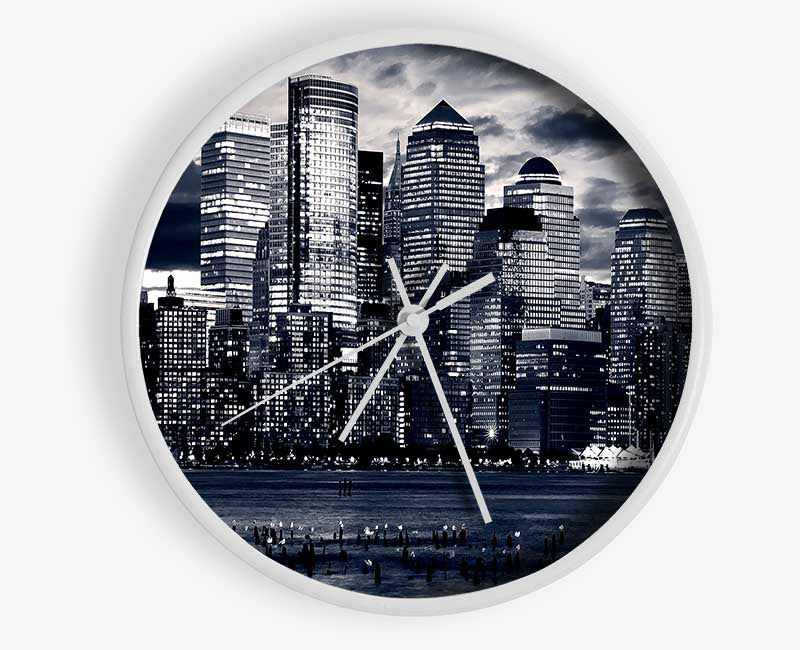 Manhattan Panorama In Blue Clock - Wallart-Direct UK