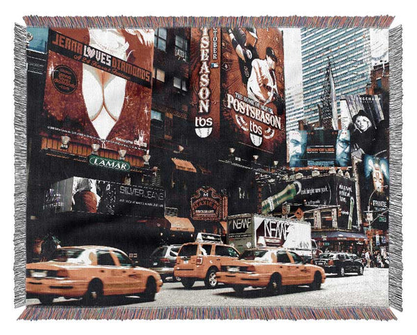 New York Yellow Cabs On Broadway By Day Woven Blanket