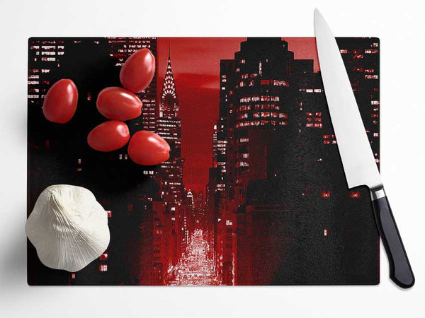 New York City 5Th Avenue Rush Hour Red Glass Chopping Board