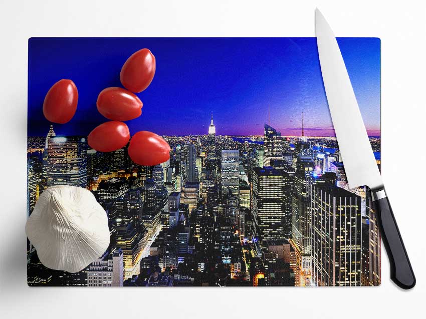 New York City Blue Ariel View Glass Chopping Board