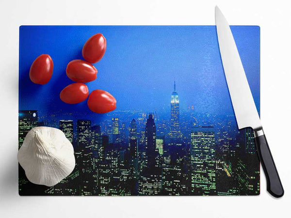 New York City Blue Mist At Night Glass Chopping Board