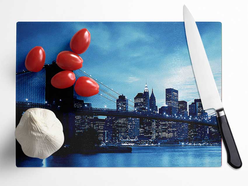 New York City Brooklyn Bridge Blue Glass Chopping Board