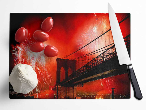 New York City Brooklyn Bridge Fireworks Red Glass Chopping Board