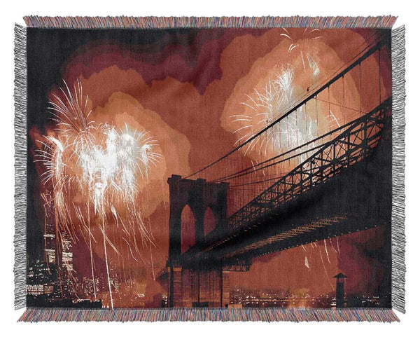 New York City Brooklyn Bridge Fireworks Red Woven Blanket