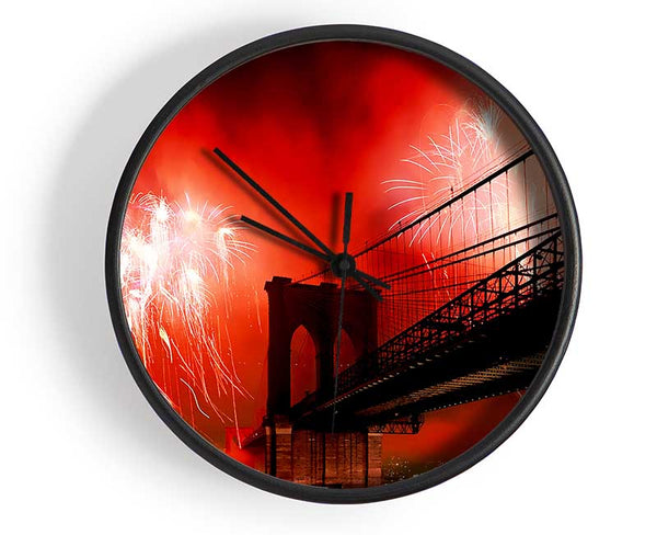 New York City Brooklyn Bridge Fireworks Red Clock - Wallart-Direct UK