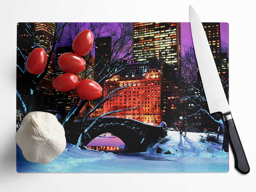 New York City Central Park Night Snow Glass Chopping Board