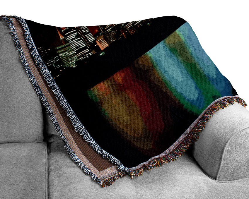 New York City Reflections At Night Woven Blanket