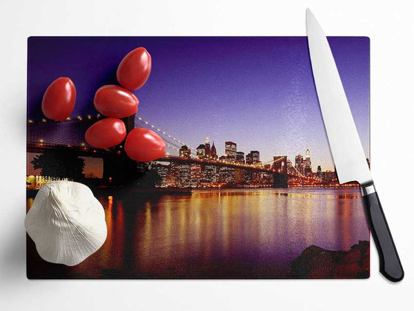 New York City Reflections Of Brooklyn Bridge Glass Chopping Board