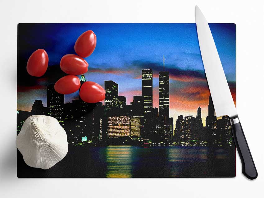 New York City Twin Towers At Night Glass Chopping Board