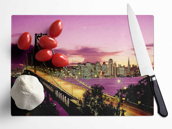 New York Harbour Brooklyn Bridge Purple Glass Chopping Board