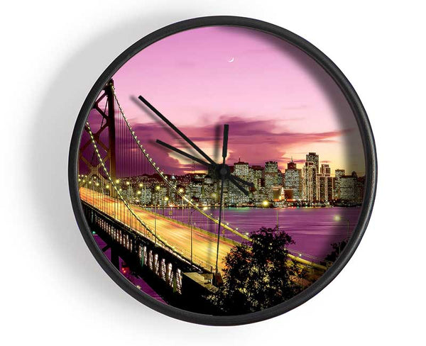 New York Harbour Brooklyn Bridge Purple Clock - Wallart-Direct UK