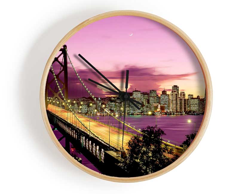 New York Harbour Brooklyn Bridge Purple Clock - Wallart-Direct UK