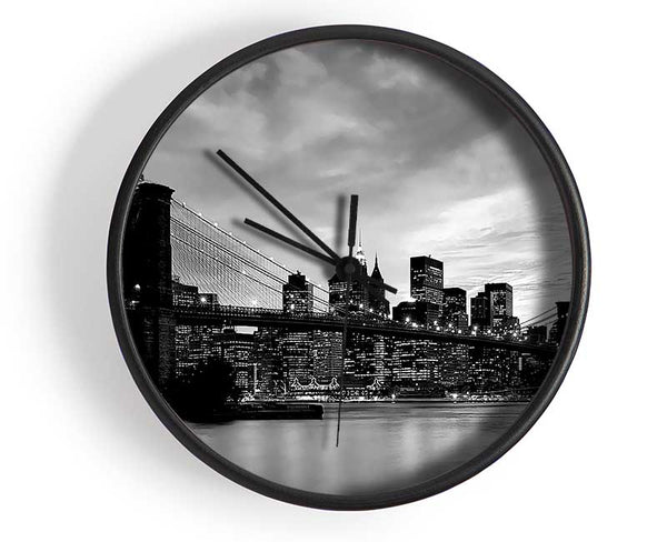 NYC Brooklyn Bridge B n W Cloudy Night Clock - Wallart-Direct UK