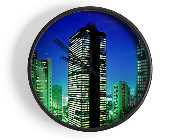 Skyscrapers Green Hue Clock - Wallart-Direct UK